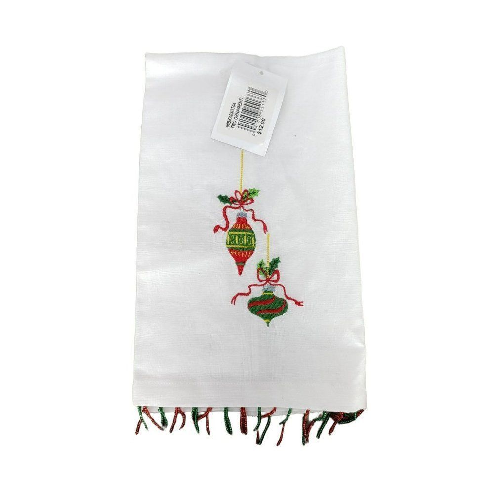 Christmas Traditions PHI White Embroidered Ornaments Tassle Beaded Tea Towel